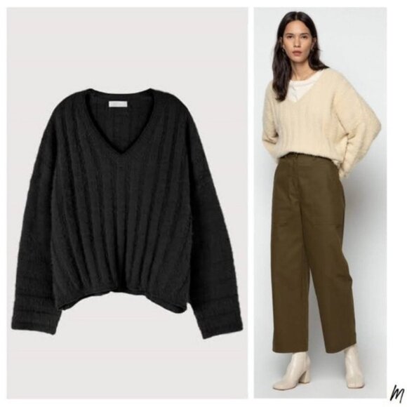 Oak and Fort Fuzzy Sweater V-neck Brushed Knit Black pullover fluffy Size XS - Picture 2 of 16